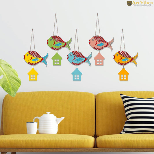 Artvibes Multicolored Fishes Wooden Wall Hanging for Home Decoration | Garden Balcony | Office | Cafe | Decorative Door Hanging | Festive Decor Art Items (WH_9132NN), Pack of 5