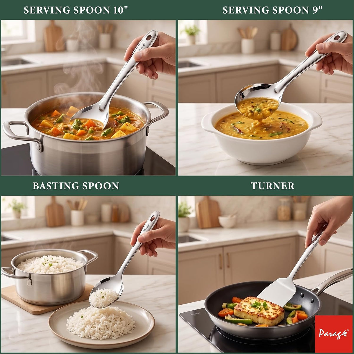 Parage Stainless Steel Kitchen Tools Set for Kitchen Cooking and Serving, Pack of 4, Serving Spoon, Turner/Spatula (Palta), Basting and Rice Spoon, Silver (Size: 26.5 cms, 25 cms x 2, 23 cms)