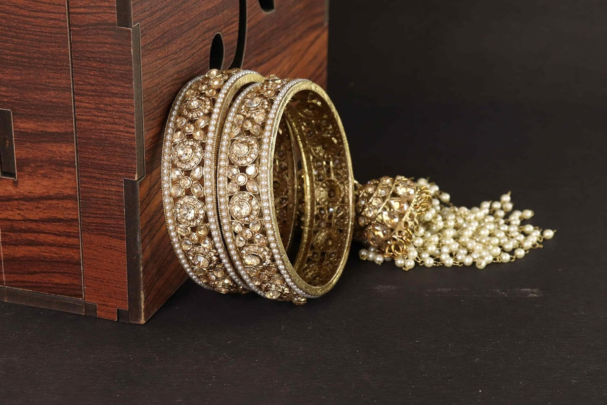 NMII Premium Alloy Latkan Kada Set Studded With Beads & Zircon Gemstone For Women & Girls | Traditional Pearls Kada Set | Kalira Bangles For Bridal | Dulhan Chudi Set For Wedding & Partys - Set Of 2