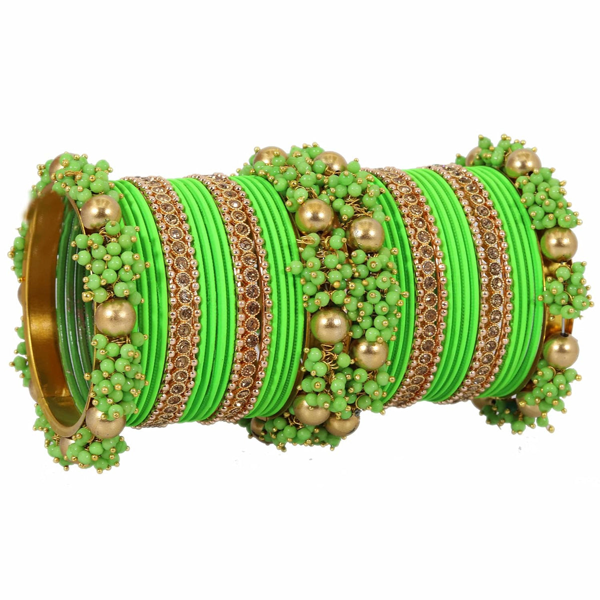 NMII Metal with Base Metal and Zircon Gemstone with Pearls Studded Matte with Glossy Finished Traditional Bangle Chuda set for Women and Girls