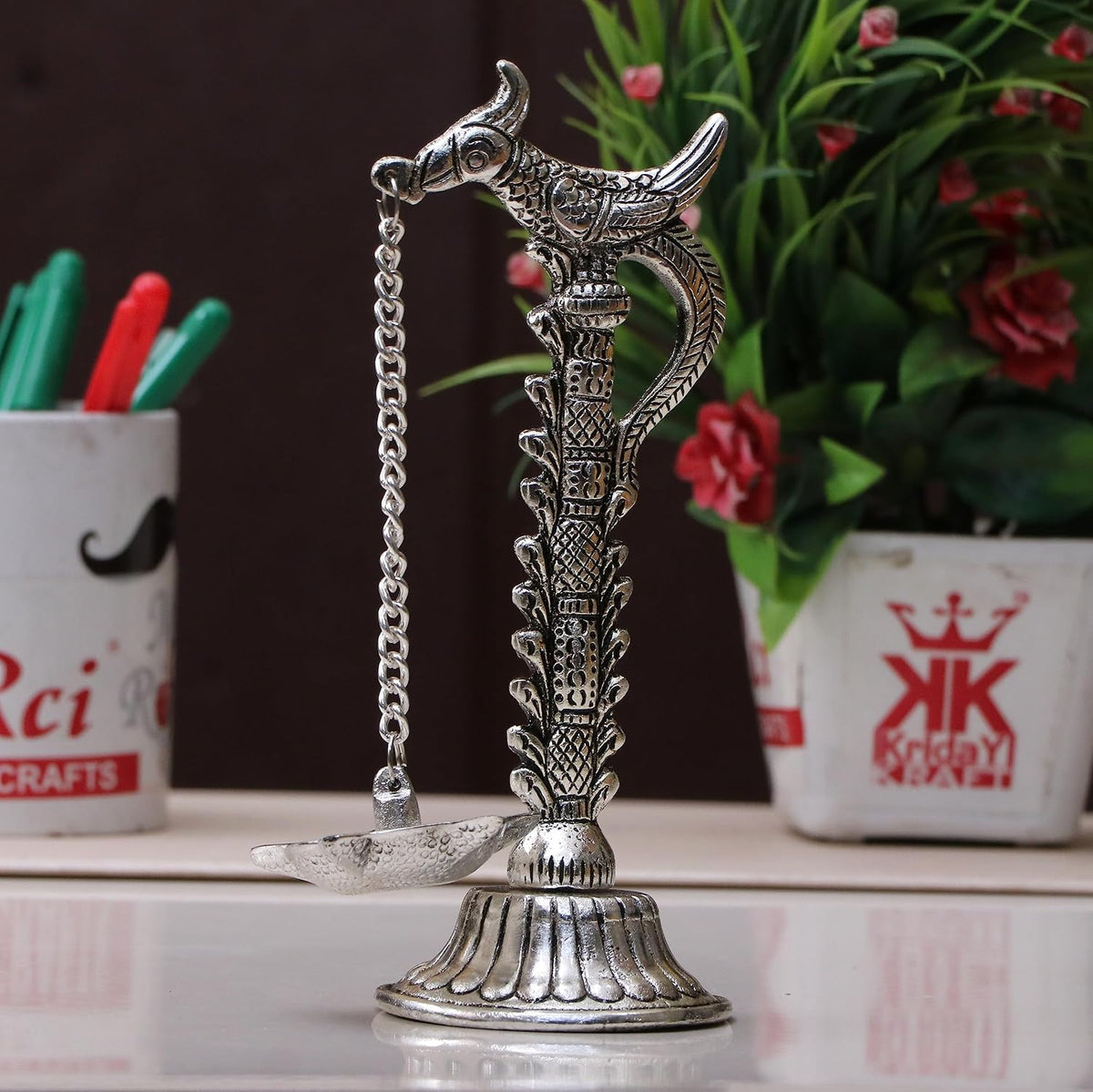 KridayKraft Parrot Design Metal Hanging with Chain Diya Pair of Parrot Design