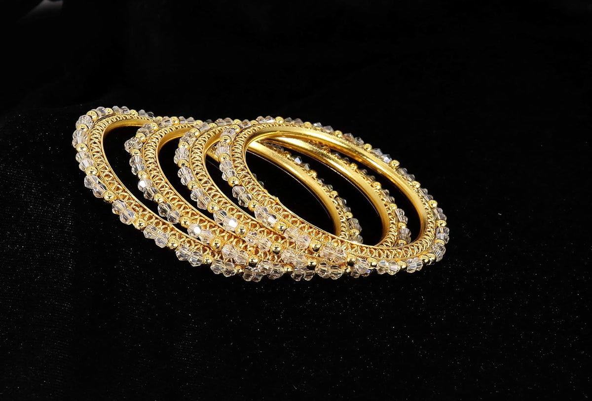 NMII Alloy Metal with White Pearls & Golden Balls Designer Bangles Set For Women & Girls | Kada Set For Women | Traditional Women's Bangles For Wedding, Party, Festive, Occasion Wear- Set of 4