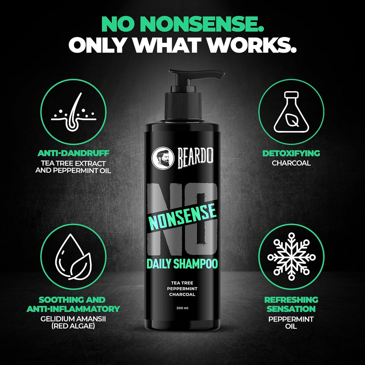 Beardo No Nonsense Daily Shampoo for Men 200ml | For Healthy, Clean Scalp | Anti-inflammatory Peppermint, Tea Tree Fights Dandruff | Activated Charcoal Detoxifies Scalp | Paraben Free | Daily Use Shampoo for Stronger, Cleaner Hair