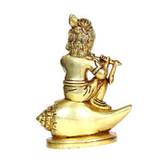 Aalayam Selveer Bal Krishna Sitting on Shankh Brass Statue | Krishna Sitting Idol | Gold Color, 11.5cm Height, 1 Piece