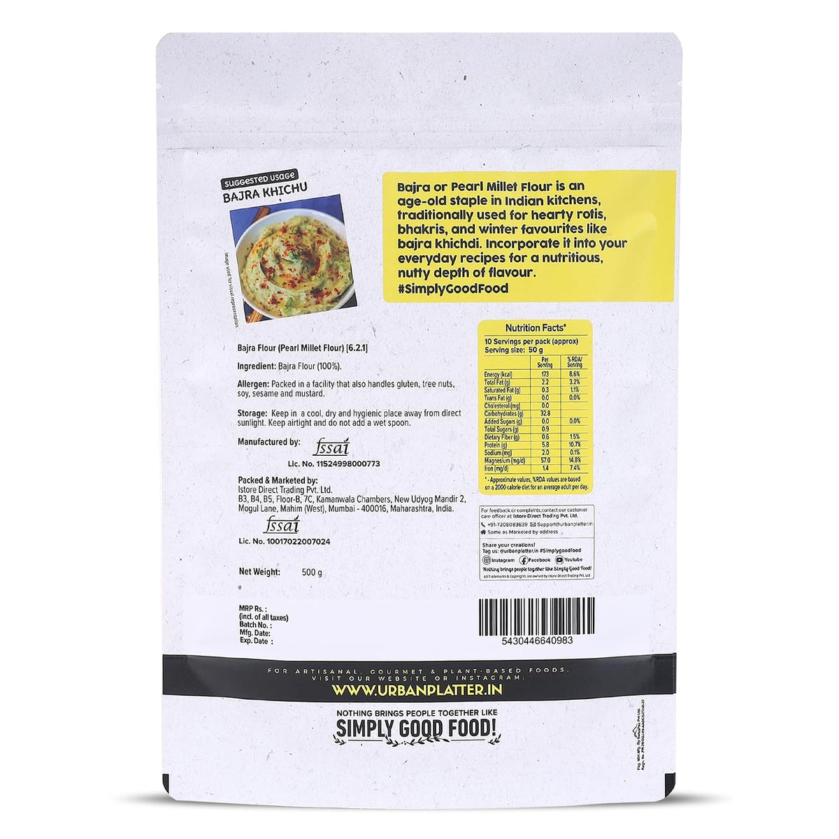 Urban Platter Bajra Flour, 500g (Stone-Ground Pearl Millet Atta | Rich in Fiber & Iron | Naturally Gluten-Free)