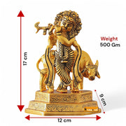 KridayKraft Lord Cow Krishna with Flute Metal Handicraft Statue, Gold-Plated Religious Showpiece Decorative Figurine,Hindu Religious Idol, 16 cm