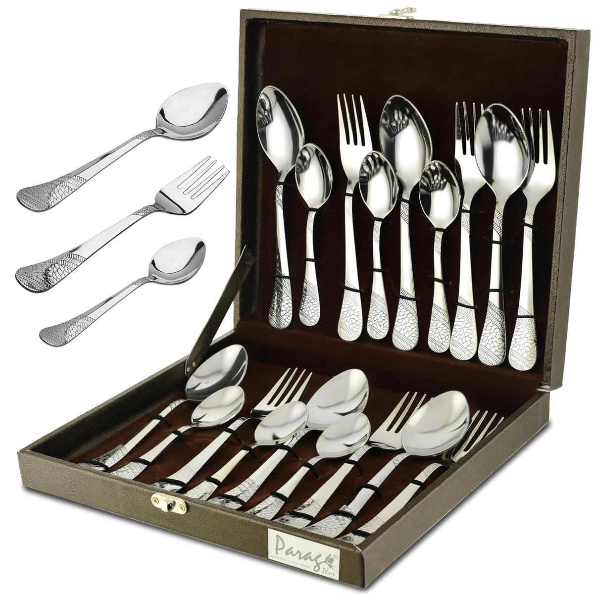 Parage 18 Pieces Premium Stainless Steel Cutlery Set, Home & Kitchen with Gift Box (6 Pieces Each Table Spoons, Table Forks & Tea Spoons) with Leatherite Box (Imperial Design)