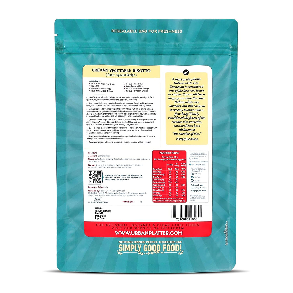 Urban Platter Carnaroli Rice, 1Kg (Product of Italy, Italian Carnaroli Rice for Risottos, Arancini, and Rustic preparations, Vacuum Packed for Freshness and Quality)