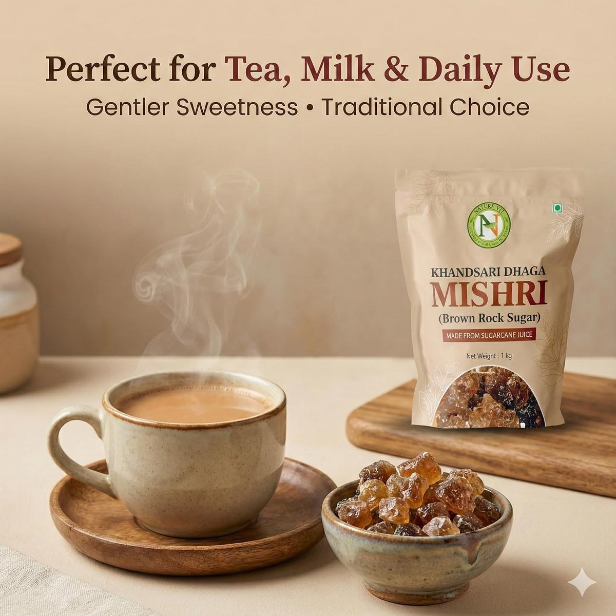 NatureVit Khandsari Dhaga Mishri 1 Kg | Pure Threaded Rock Sugar | Traditional Brown Mishri Candy for Pooja & Wellness