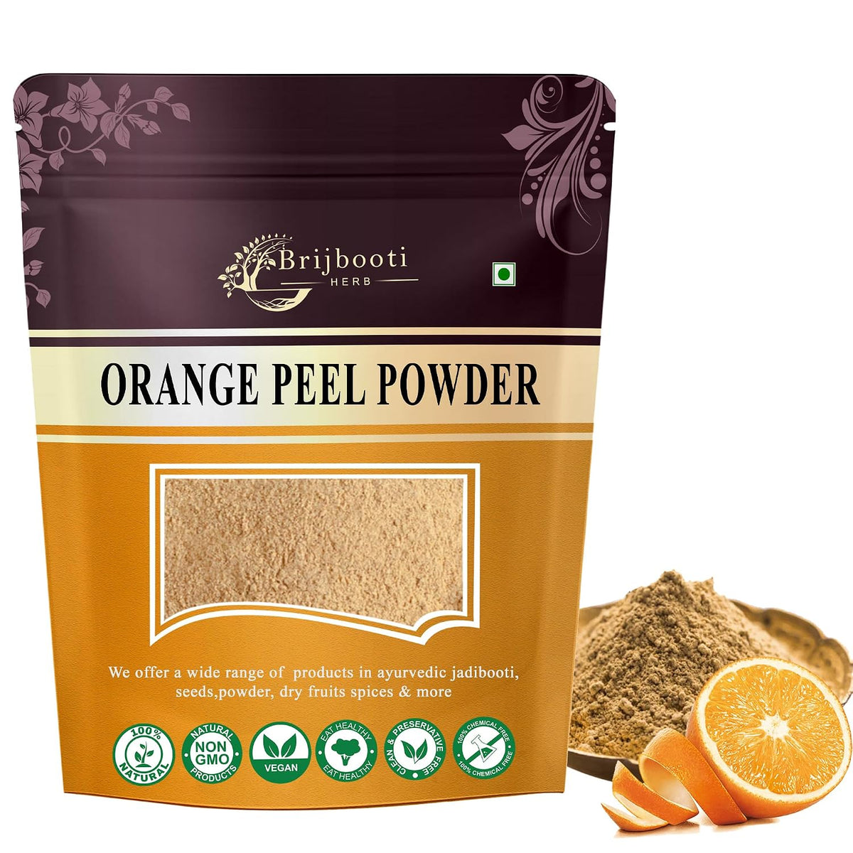 Brijbooti Orange peel powder for face 200g | Face Pack & Face Mask | Detan, Acne, Oil Control & Pimples With Vitamin C | orange peel powder for drinking