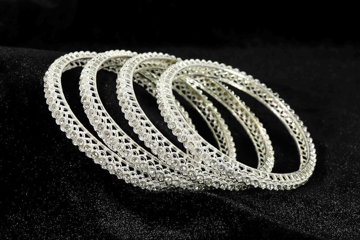 NMII Stylish Designer Metal Bangles Set For Women & Girls with Zircon Stone | Diamond Bangles | Traditional Bangles For Wedding, Party, Shadi, Function | Women's Fashion Jewellery- Set of 4