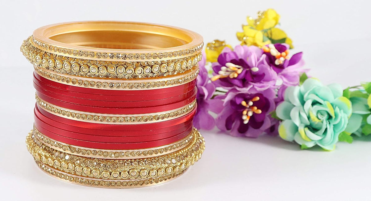NMII Golden Traditional Acrylic Plastic Chuda Set For Bridal Women & Girls with Zircon Stone & Beads | Stylish Bridal Bangles For Wedding | Plastic Chura Set Punjabi Bnagles