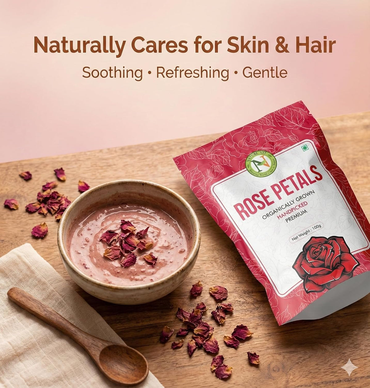 NatureVit Dried Rose Petals 100g | Natural & Edible Rose Petals for Tea, Desserts, Skincare & Decoration | 100% Pure and Fragrant