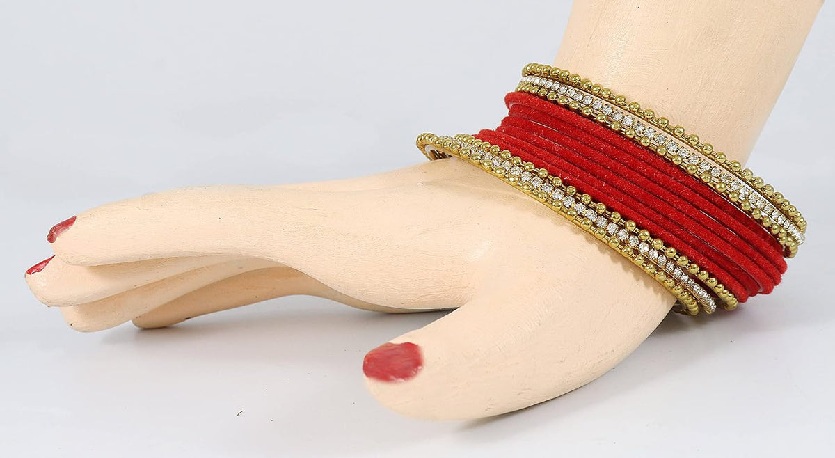 NMII Non-Precious Metal Base Metal With Velvet and Ball Chain Or Zircon Gemstone Studded Worked Bangles Set For Women and Girls