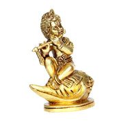 Aalayam Selveer Bal Krishna Sitting on Shankh Brass Statue | Krishna Sitting Idol | Gold Color, 11.5cm Height, 1 Piece