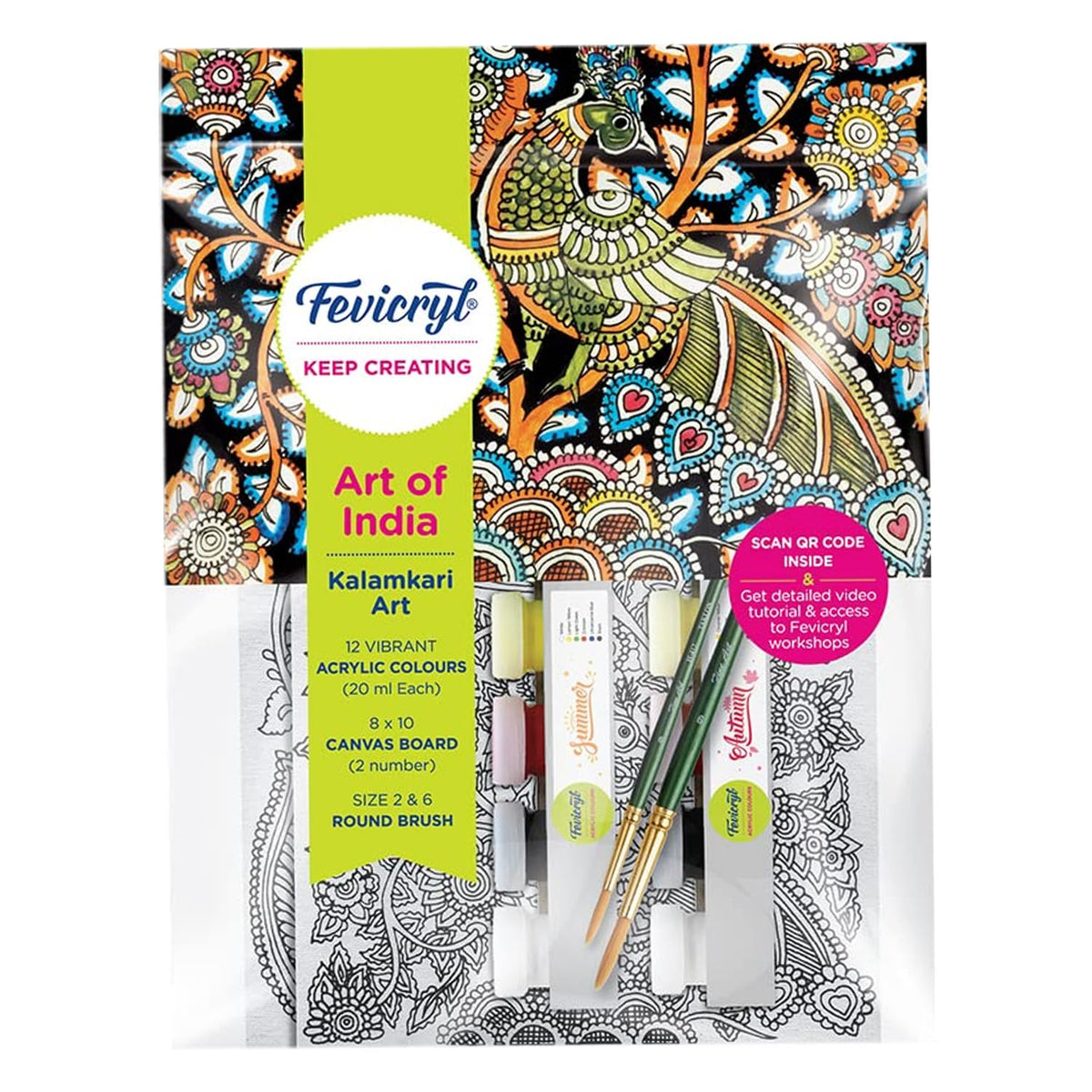 Fevicryl DIY Art of India Kalamkari Art kit | DIY Acrylic Painting Set with Acrylic Paints 12 Shades | Set of 2 Round Brushes | Pre-Designed Canvas 8 x10 | Ideal for Festive Gifting