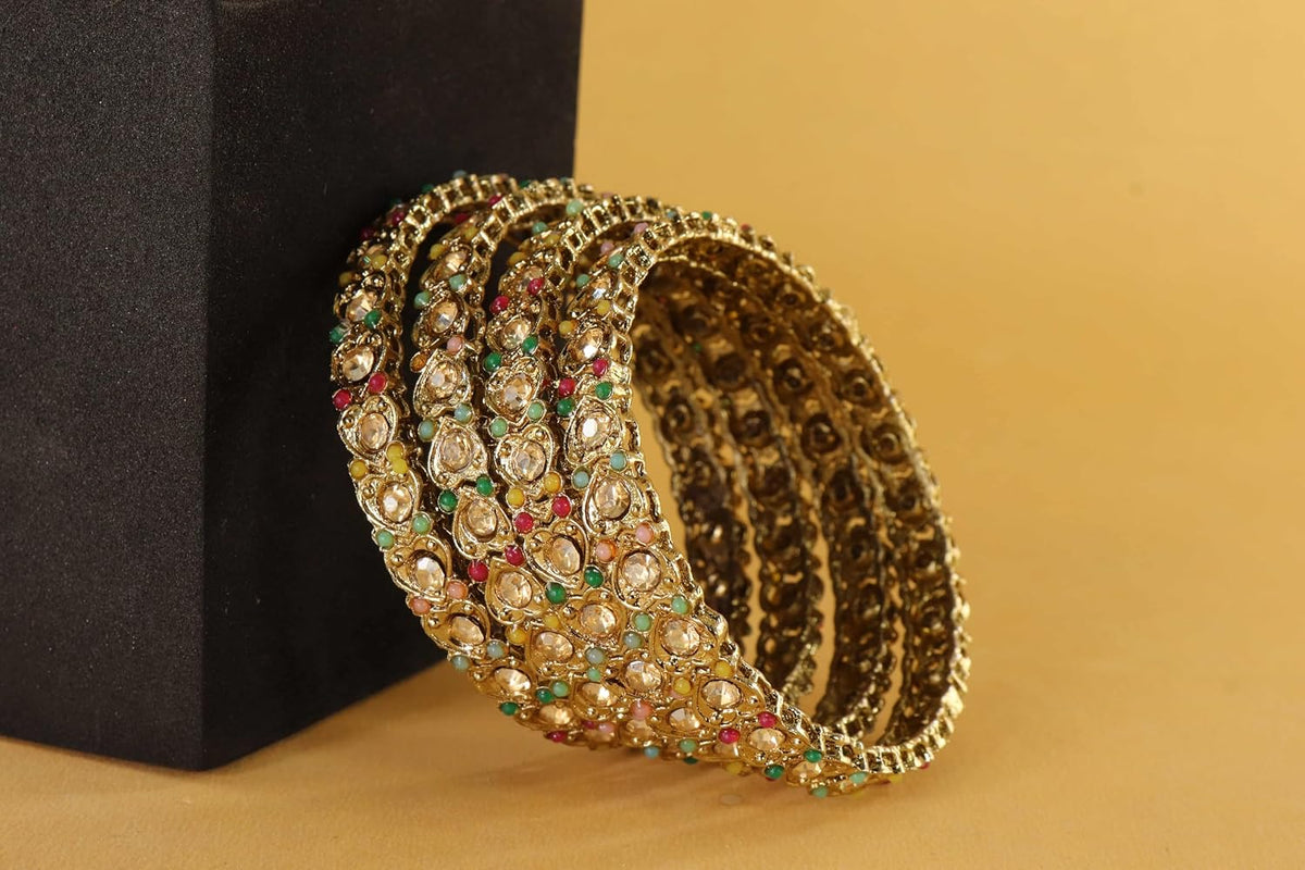 NMII Antique Metal Bangles Set Heart Design Adorned with Zircon Stones & Beads Work For Women & Girls | Trendy Girls' Bangles Bracelet Kangan Latest | Wedding, Party, Festive, Occasion- Set of 4