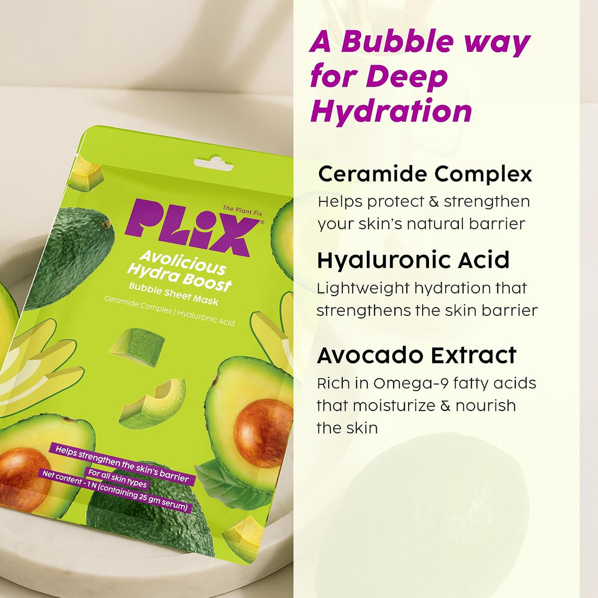 PLIX - THE PLANT FIX Avolicious Hydra Boost Bubble Sheet Mask | Deep Hydration & Skin Barrier Support | Ceramide Complex, Hyaluronic Acid & Avocado Extract | Refreshing Bubble Care