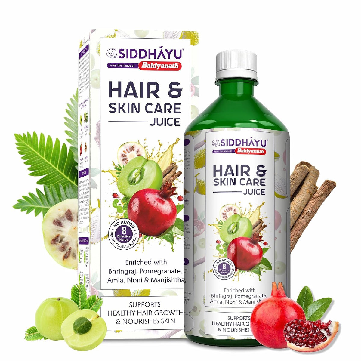 Baidyanath Asli Ayurved Hair and Skin Care Juice | With Bhringraj, Amla, Pomegranate, Noni & Manjishtha | Herbal Juice for Daily Wellness | No Added Sugar or Colour | 1L