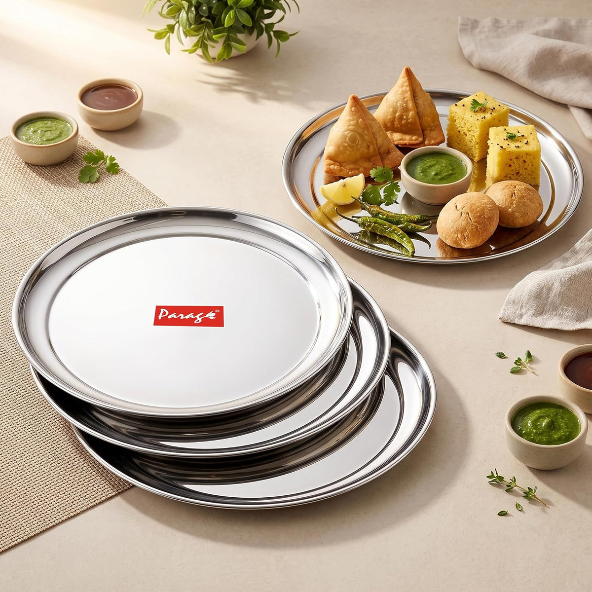 Parage 6 Pieces Stainless Steel Small Plate | Heavy-Gauge Food-Grade, 9 Inch Steel Round Snack Plate for Home & Kitchen | Rust-Proof, Durable, Easy-to-Clean Dessert/Breakfast/Chapati/Serving Plate