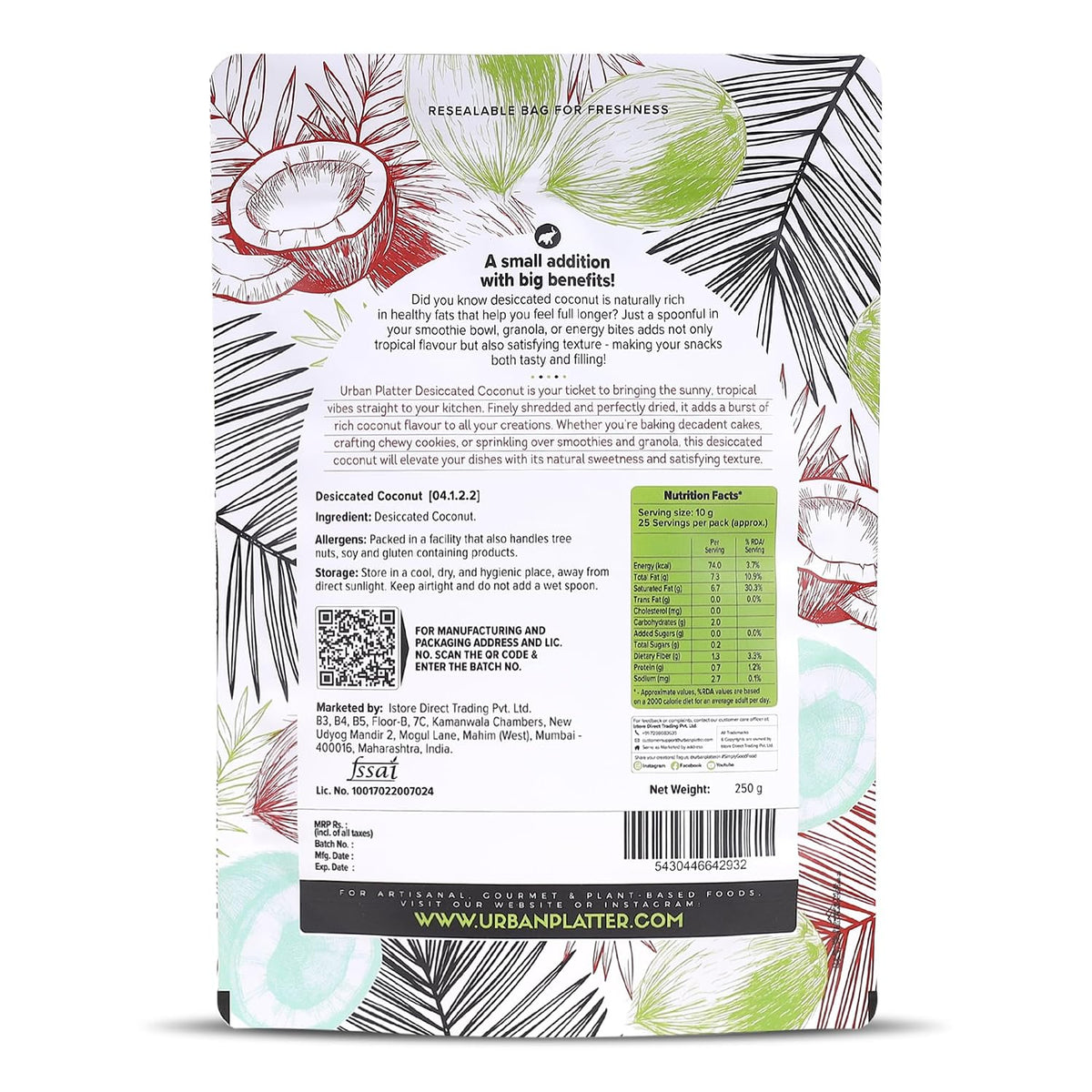 Urban Platter Desiccated Coconut, 250g (Unsweetened and Finely Grated, Ideal for Baking & Confectionery)