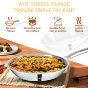 Parage Triply Stainless Steel Fry Pan 24cm | Heavy Bottom Steel Pan for Tempering, Frying | Induction & Gas Friendly | Stay-Cool Handle | Tripure Series | Scratch Resistant | 5 Years Warranty