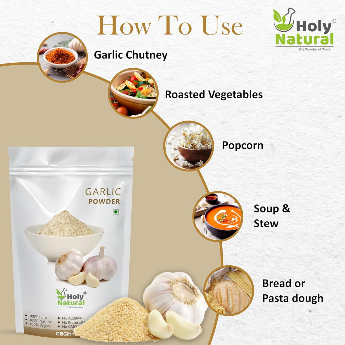 Holy Natural Garlic Powder (100 gm) | Ready To Use Lahesun Powder | For Garlic Bread, Soup, Sabji, Sauces etc.