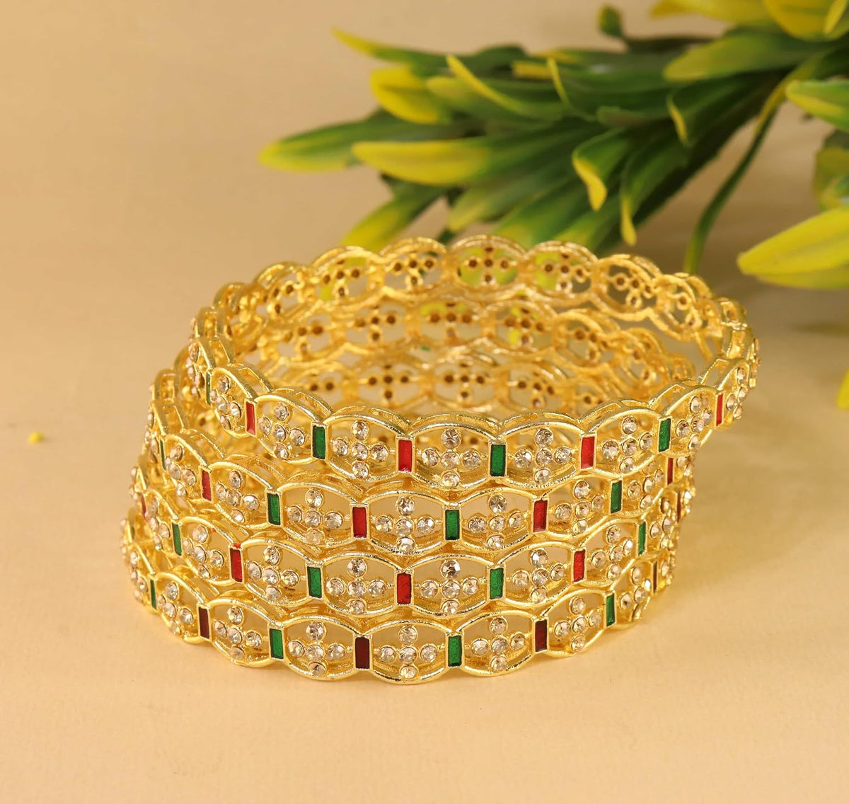 NMII Trendy Gold Plated Alloy Kada Set for Women & Girls with Zircon Stone Design | Bridal Wedding Kada | Anniversary Festival Party Gift | Stylish Designer Kangan | indo western jewelry - Set of 4