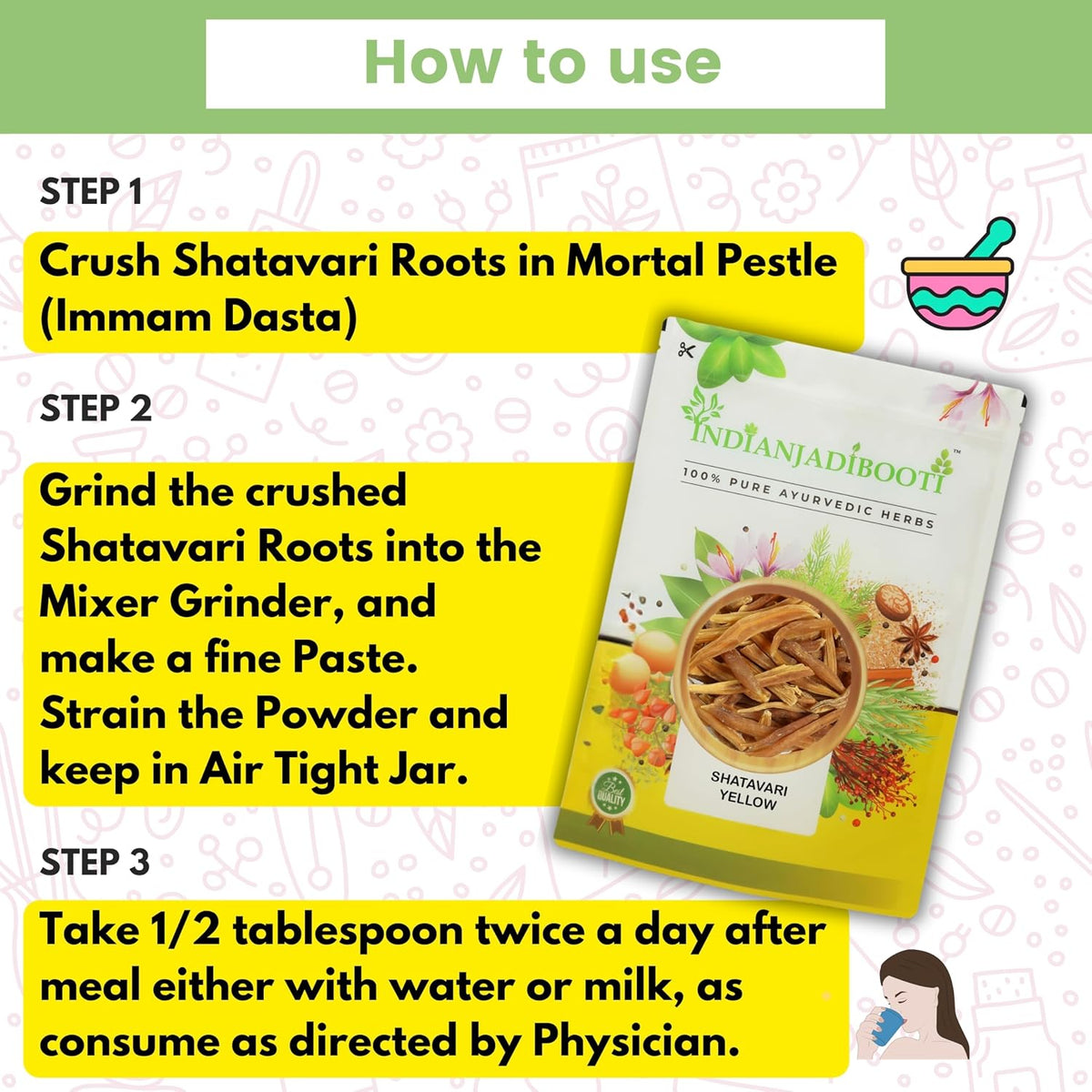 IndianJadiBooti Shatavari Yellow (Asparagus racemosus) | Natural Satavar Herb For Hormonal Balance & Reproductive Health | 400 Grams | Pack Of 2