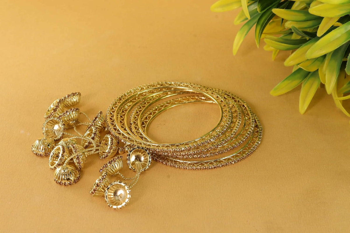 NMII Premium Alloy Metal Kada Set With Zircon Gemstone & Linked With Bell Latkan For Women & Girls | Traditional Jhumka Kalira Kada with Hangings | Wedding, Party, Festive Kaleera Bangles - Set of 4