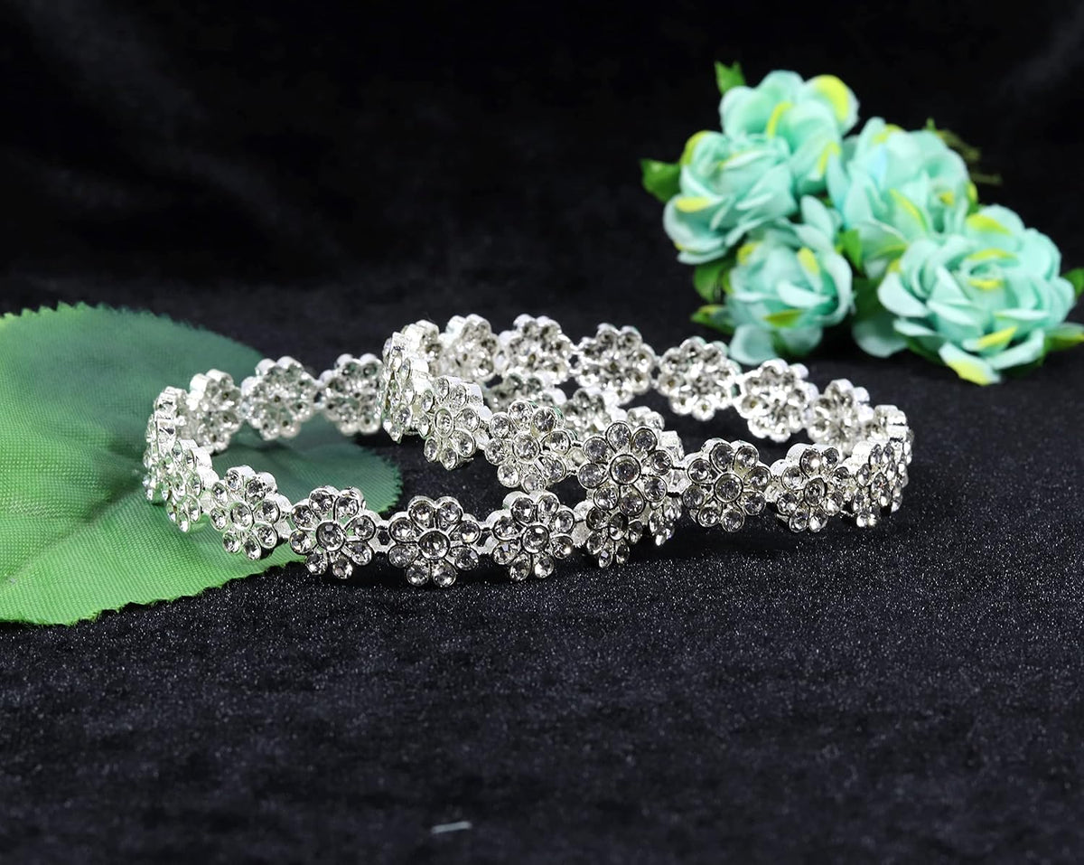 NMII Alloy With Zircon Gemstone and Flower Pattern Glossy Finished Kada set for Women and Girls, (Pack of 2 Kada set)