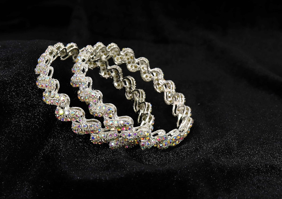 NMII Trendy Stylish Alloy Metal with American Diamond Studded Bangles Set For Women & Girls | Zig Zag Design Kada Set | Women's Bangles Bracelet | Trendy Bangles Party, Wedding- Set of 2