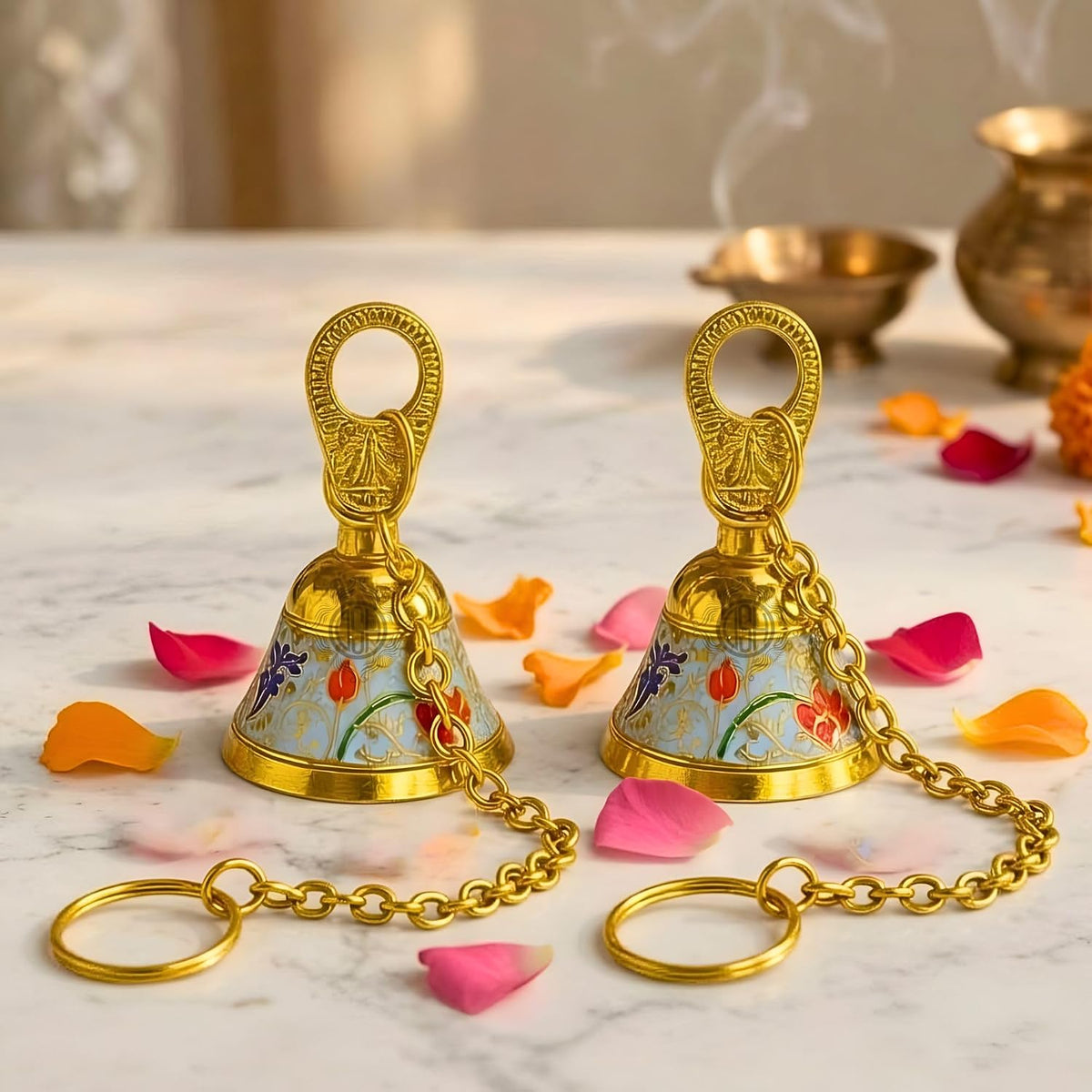 DSH Pure Brass Hanging Bell with Chain for Temple Mandir Door Home Decorative Ringing Bell (Sky, 2)