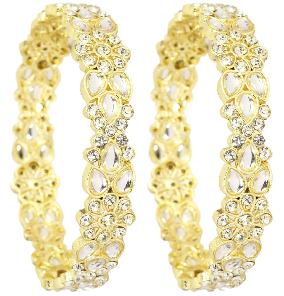 NMII Gold Plated Metal Kundan Stone & American Diamond Bangles For Women & Girls | Traditional Kada For Women | Fancy Rajwada Bangles | Bangles For Wedding, Party, Occasion- Set of 2