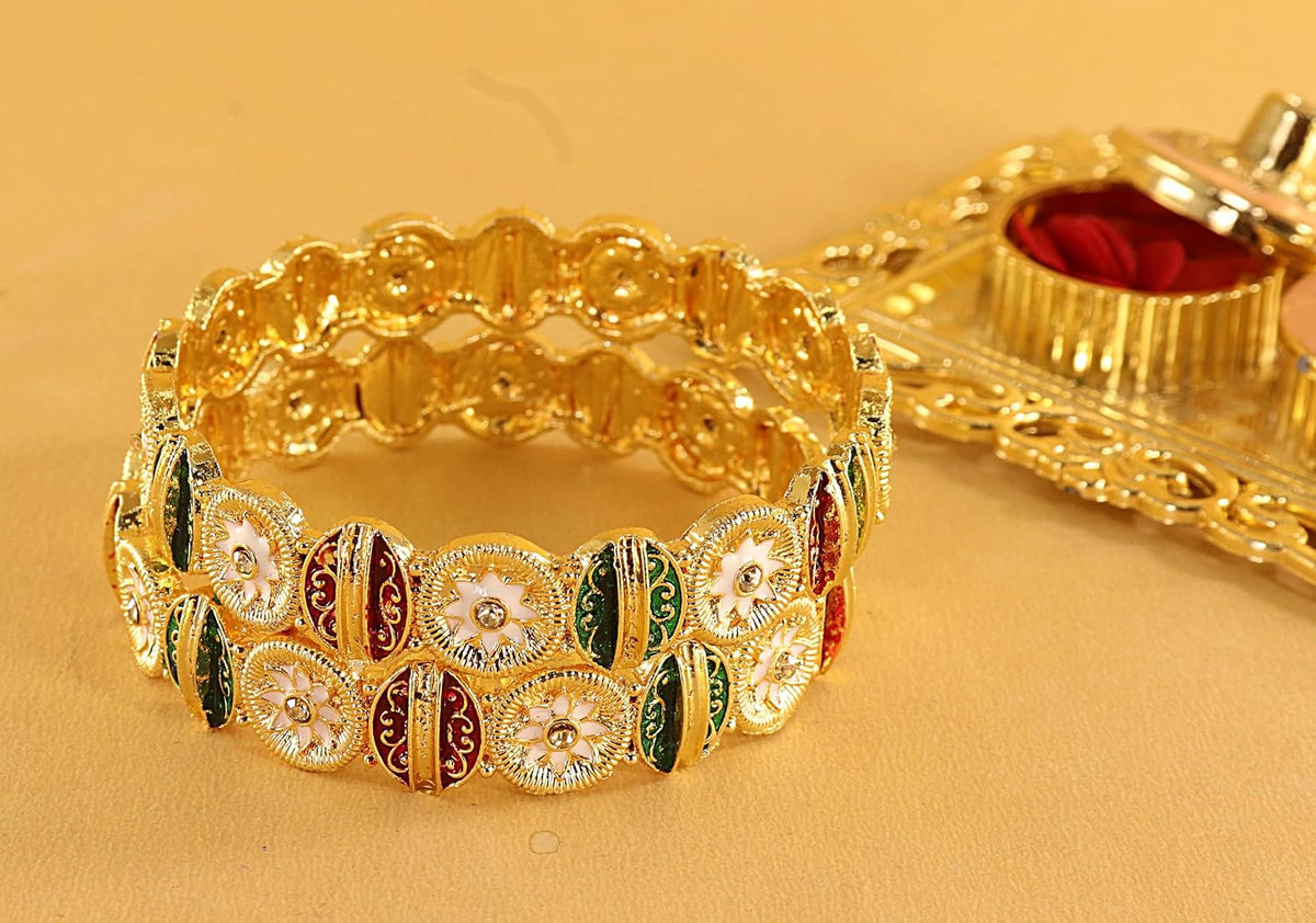 NMII Enamel Gold Plated Metal Bangles Kada Set For Women & Girls With Zircon Diamond Stone | Women's Bangles | Premium Kada Set For Wedding, Party, Occasions Fashion Jewelry - Set Of 2