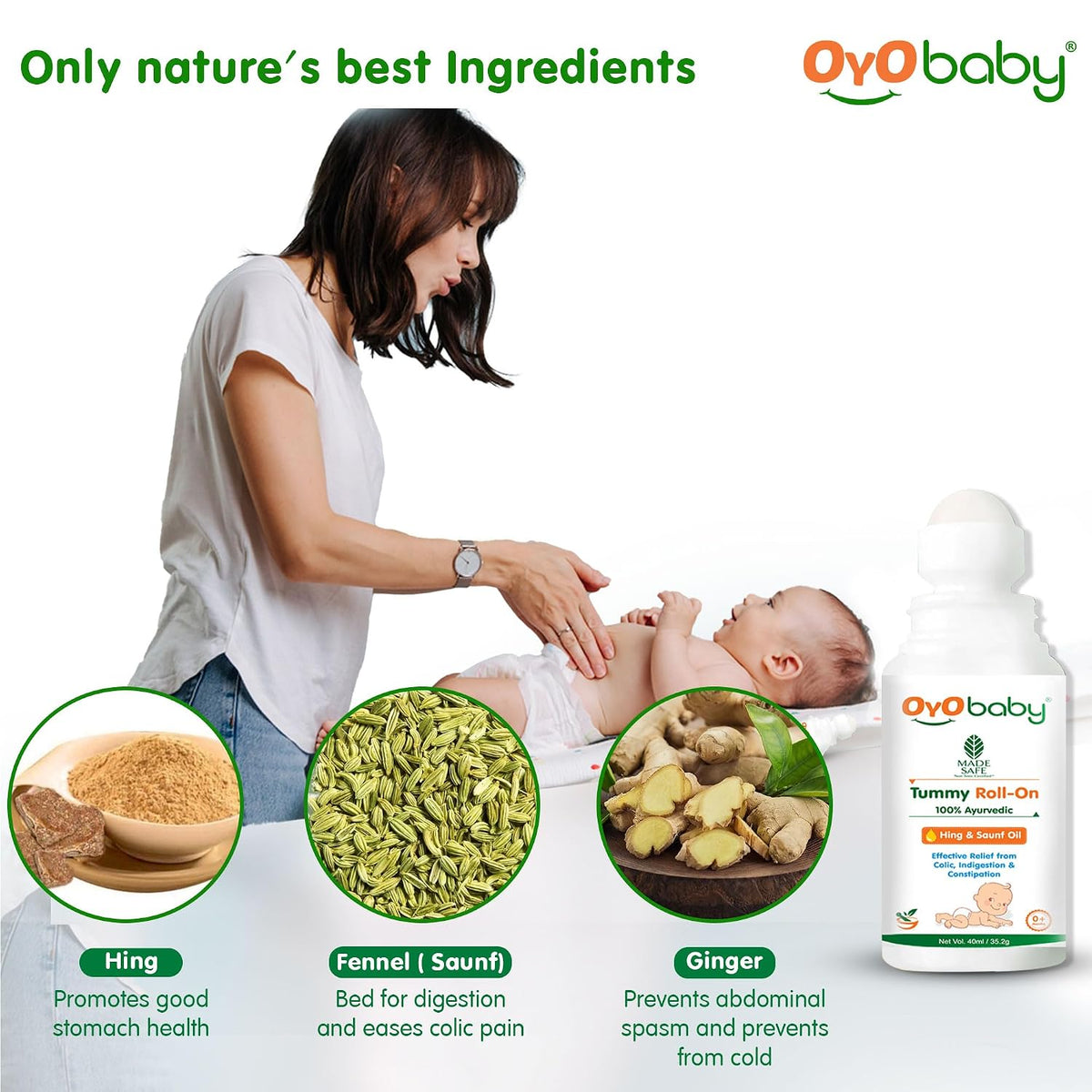 OYO BABY Tummy Roll-On for Babies | Colic Relief, Constipation & Indigestion | Hing & Saunf Formula |100% Ayurvedic - 40ml - Pack of 1