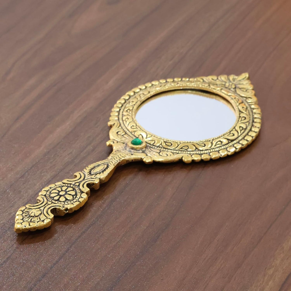 KridayKraft Beautifully Carved Round Shape Framed Gold Plating Metal Hand Mirror For Makeup, Travelling, Salon Mirror & Decorative Mirror Antique Item For Wedding Gifts.