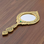 KridayKraft Beautifully Carved Round Shape Framed Gold Plating Metal Hand Mirror For Makeup, Travelling, Salon Mirror & Decorative Mirror Antique Item For Wedding Gifts.