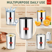 Parage 6 Pieces Stainless Steel Heavy Gauge Glass Set/Scratch Resistant, Serving Glass/ 300ml Glass for Water & Juice (Silver, Dia 6.5 cm, Hight 10 cm)