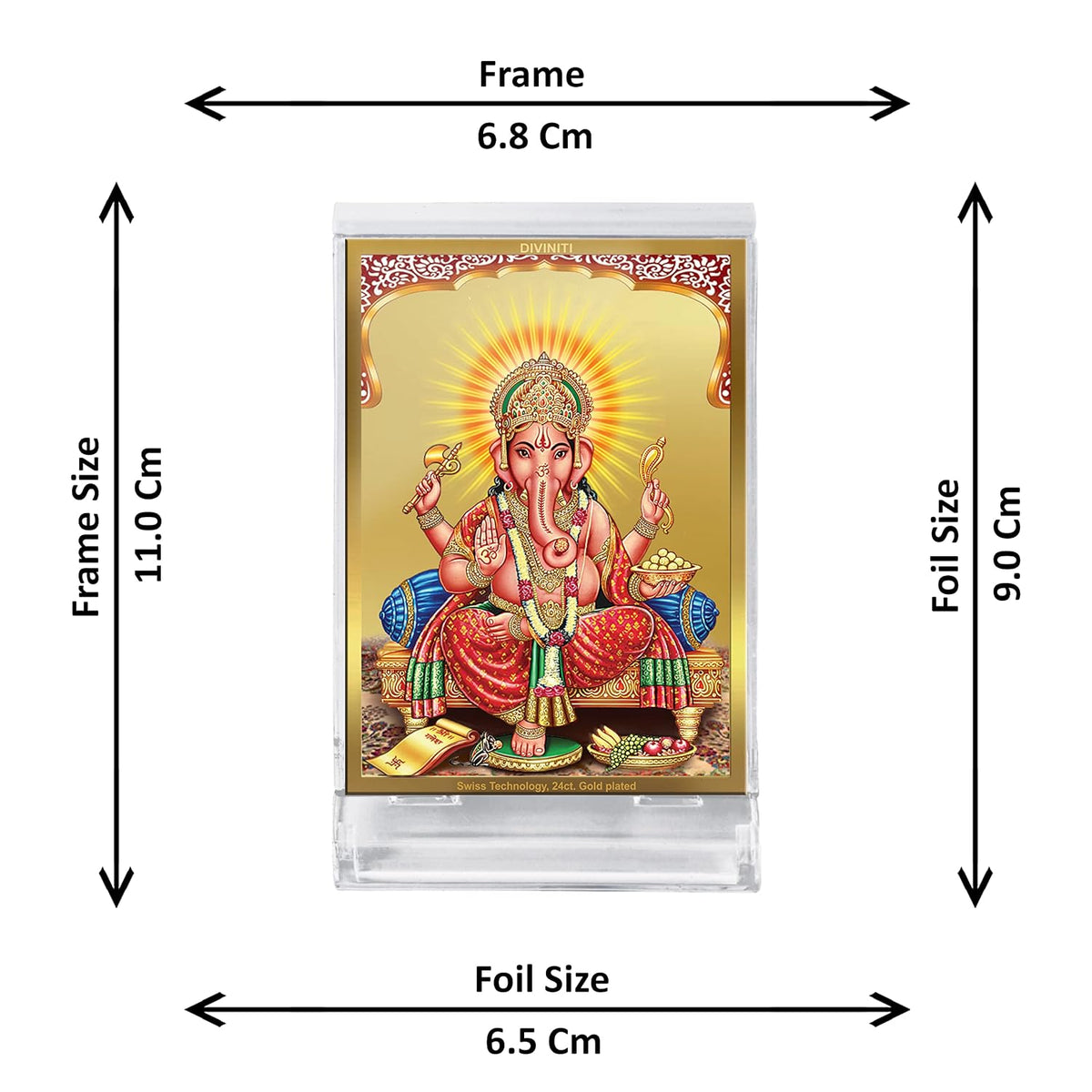 DIVINITI 24K Gold Plated Religious Car Dashboard Frame | Premium God Idol Frame for Car, Home Mandir & Office Table | Spiritual Gift, Decorative Showpiece | Ganesha Front Pose