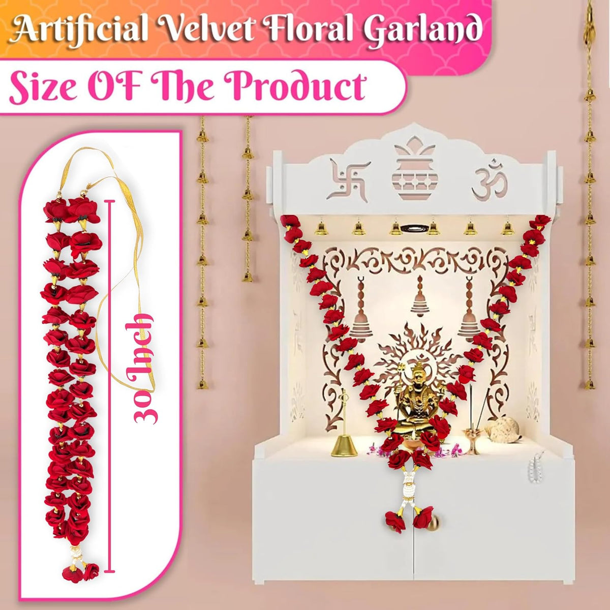 Bhakti Lehar Velvet Rose Flower Garland for Photo Frame and God Idol/Artificial Pearl Moti Gulab Mala Haar (30 Inch)
