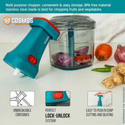 E-COSMOS® Food Chopper 1000ml, 6 Blade Steel Large Manual Hand-Press Vegetable Chopper Mixer Cutter to Cut Onion, Salad, Tomato, Potato (Deep Aqua)