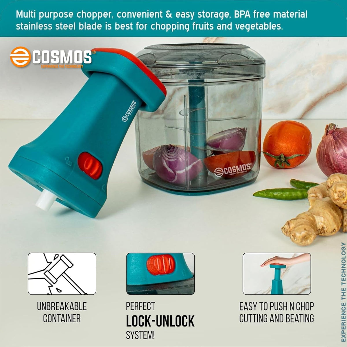 E-COSMOS® Food Chopper 1000ml, 6 Blade Steel Large Manual Hand-Press Vegetable Chopper Mixer Cutter to Cut Onion, Salad, Tomato, Potato (Deep Aqua)
