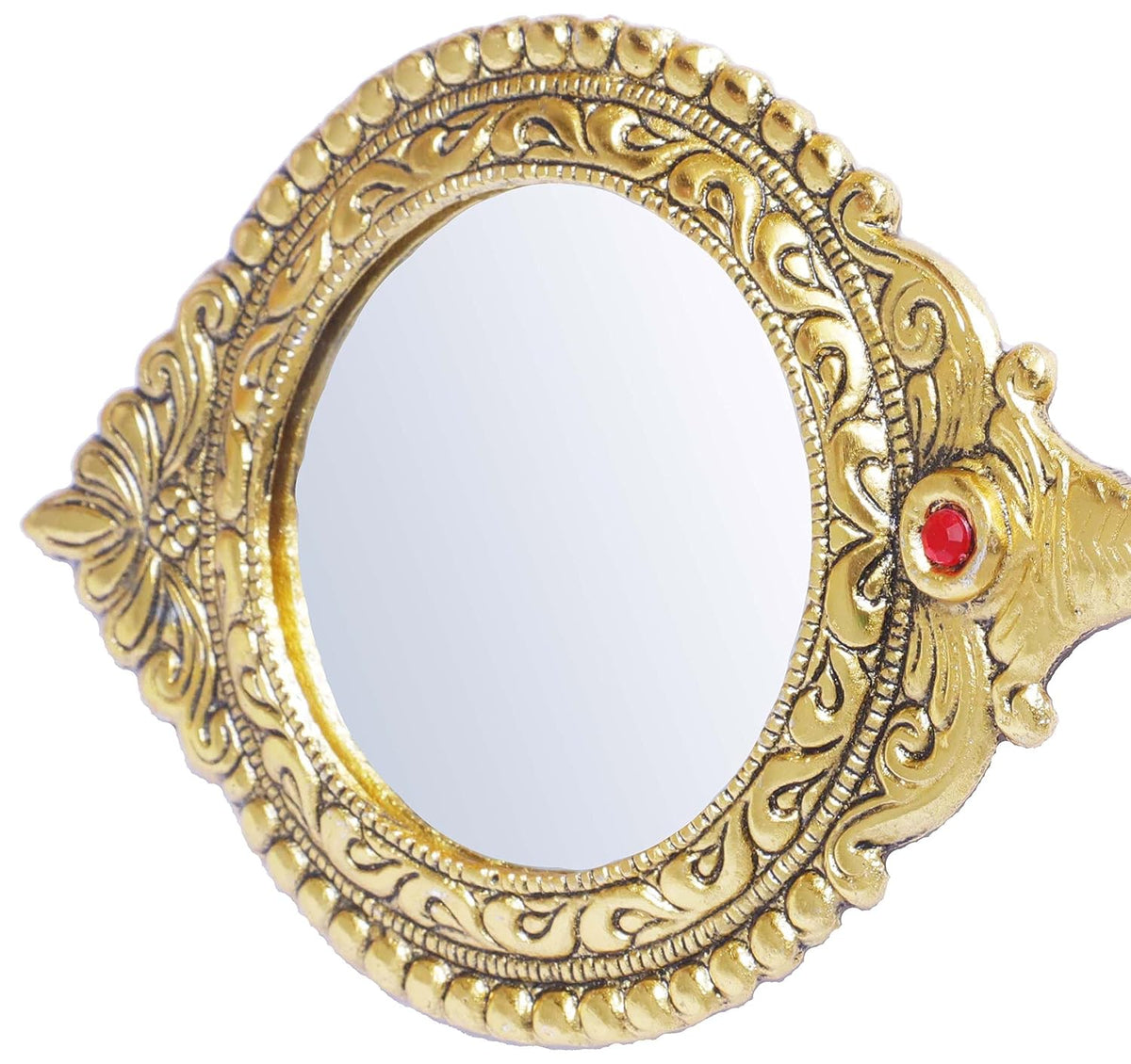 KridayKraft Beautifully Carved Round Shape Framed Gold Plating Metal Hand Mirror For Makeup, Travelling, Salon Mirror & Decorative Mirror Antique Item For Wedding Gifts.