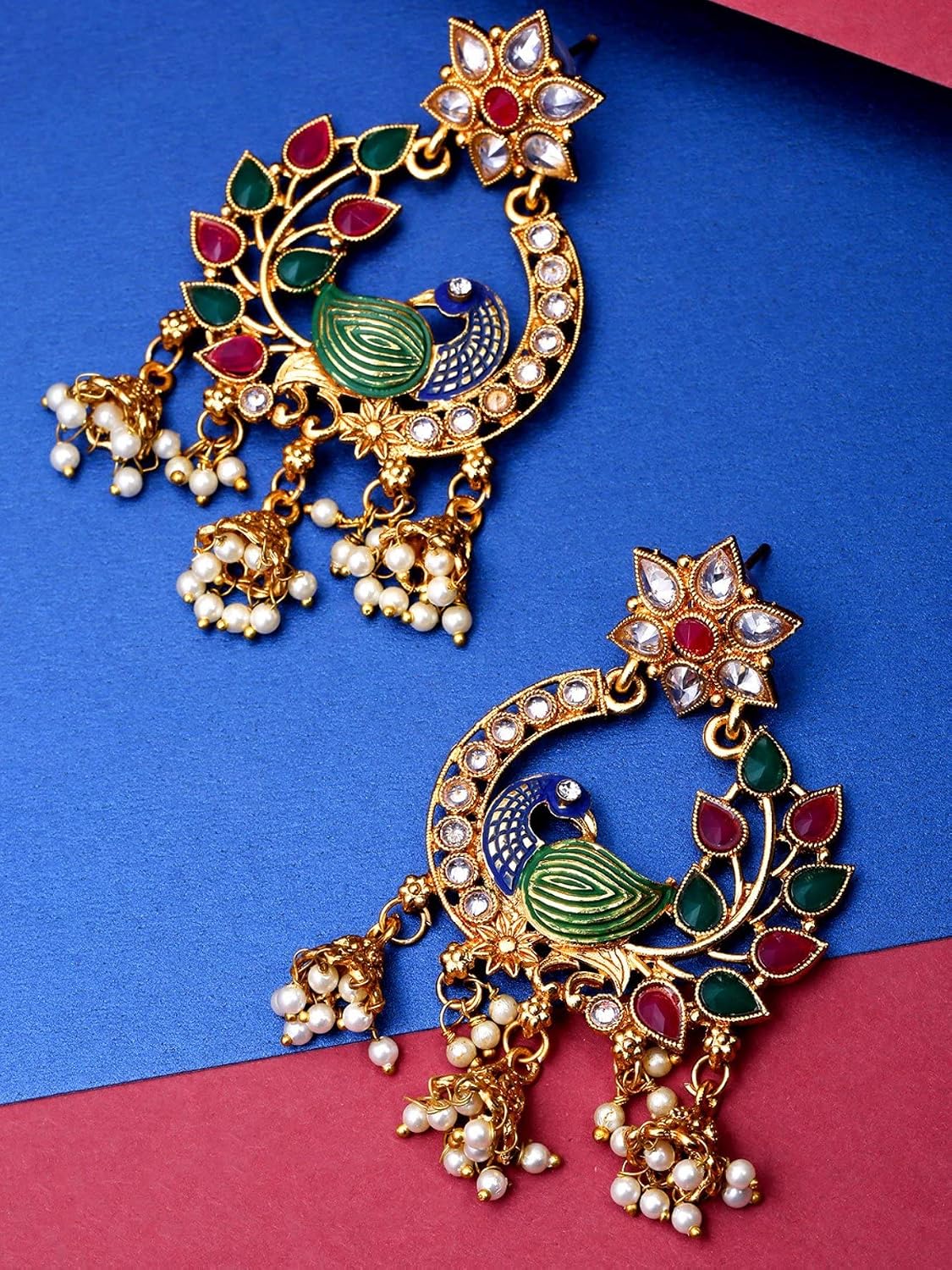 Priyaasi Gold-Plated Peacock Inspired, Meenakari Earrings in Multicolour