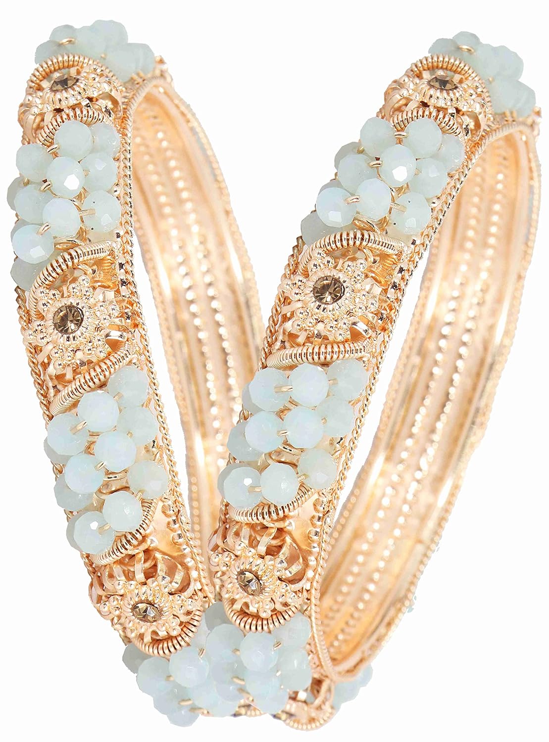 NMII Non-Precious Metal With Base Metal And Zircon Gemstone Or Colourful Beads Studded On Flower Glossy Finished Kada Set For women and Girls