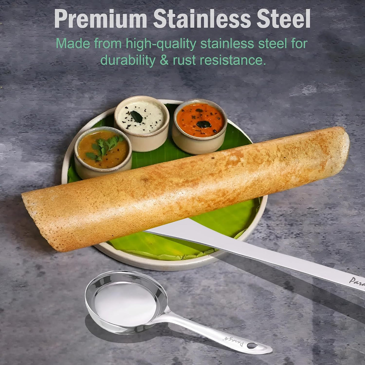 Parage 2 Pieces Stainless Steel Dosa Ladle & Turner/Palta Heavy Gauge | Dosa Making Spoon with Flat Base and Spatula | Kitchen Tools for Cooking (Size-20.5cm, 31.5cm, Silver)