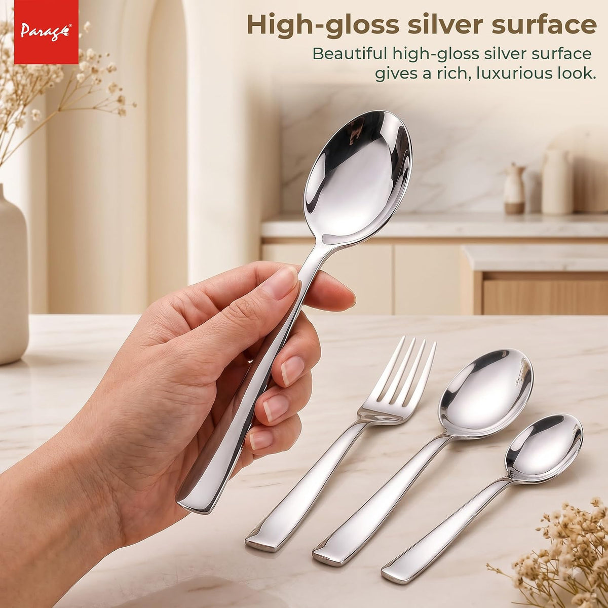 Parage 24 Pieces Premium Stainless Steel Cutlery Set for Home & Kitchen (Contains: 6 Table Spoons, 6 Forks, 6 Tea Spoons, 6 Dinner Spoons), Luxury Dining Tableware Gift for House Warming, Silver