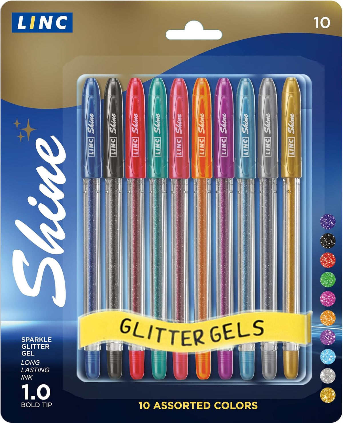 Linc Shine Glitter Pen Assorted Colours - Pack of 10