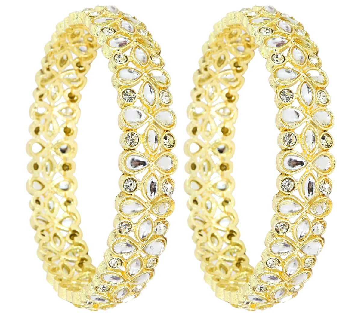 NMII Traditional Gold Plated Brass Metal with American Diamond & Kundan Stone Work Bangles Set For Women & Girls | Kada For Women Stylish | Bangles For Wedding, Party, Occasion Wear- Set of 2